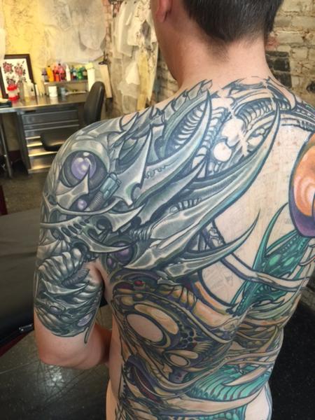 Ron Earhart - Biomech Back and Shoulder Tattoo